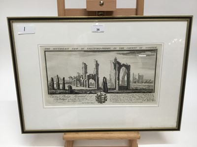 Lot 209 - Samuel and Nathaniel Buck, 18th century engraving depicting the South East view of Thetford Priory, 20 x 36cm, glazed frame