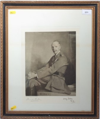 Lot 653 - Sir Oswald Hornby Joseph Birley MC RA ROI- signed print of Field Marshall Sir Henry Wilson, signed by sitter mounted in glazed frame with Parker Gallery label verso, 49cm x 41cm