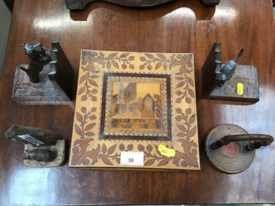 Lot 38 - Group of Treen items to include carved Black Forest thermometer, box with inlaid and poker work decoration and other items (qty)