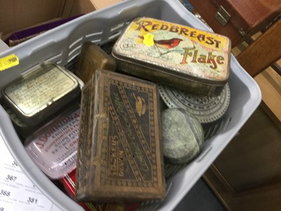 Lot 359 - Group of Vintage tins, bygones and sundries (1 box)