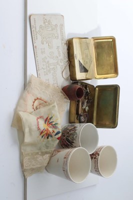 Lot 622 - Two First World War Princess Mary Gift Tins, together with cap Badges commemorative beakers and ephemera