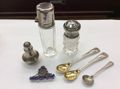 Lot 698 - Two silver mounted glass scent bottles, silver and enamel RA sweetheart brooch and other silver items