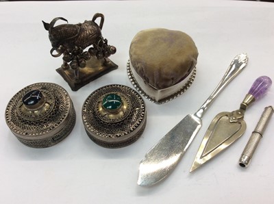 Lot 700 - Silver mounted pin cushion, trowel book mark and other items