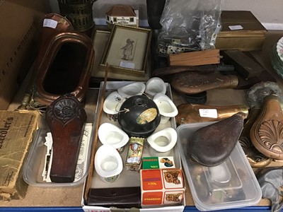 Lot 100 - Assorted items and collectables, including copper shot flasks and horn, bottles, tins, cigarette cards, etc
