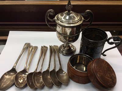 Lot 696 - Eight silver spoons, together with a silver christening cup and a silver plated trophy