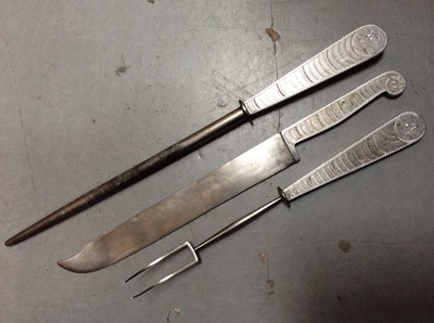 Lot 294 - Unusual Second World War North African 'Trench Art' / P.O.W. carving set with aluminium handles (3 pieces)