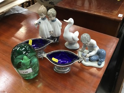 Lot 139 - 3 Nao figures, canteen of cutlery, 2 plated salts with liners, and a Victorian paperweight