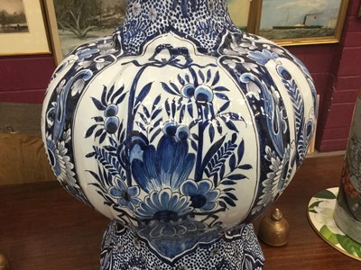 Lot 109 - Very large and impressive late 19th century blue and white Dutch Delft garlic neck vase, painted with flowers and foliate patterns, marked on the base, 86cm height