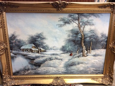 Lot 402 - Oil on canvas study of a winter scene together with another of a street scene and a collection of prints in glazed frames (qty)