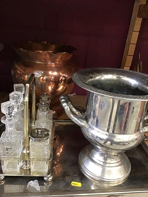 Lot 513 - Silver plated tray, wine cooler, condiment frame, copper jardiniere and selection of books