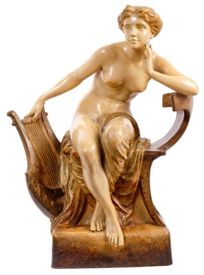 Lot 62 - Large and impressive Goldscheider figure of a partially robed maiden, seated with a harp by her side, 62cm height