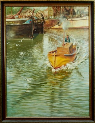 Lot 54 - Mistley Quay on the River Stour in Essex, signed R J Pinnock, 1979, approx 86cm x 112cm.