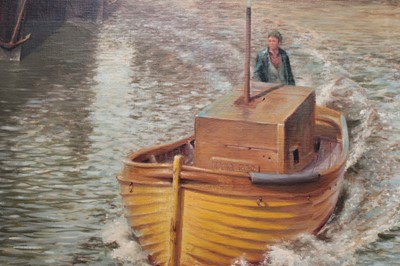 Lot 54 - Mistley Quay on the River Stour in Essex, signed R J Pinnock, 1979, approx 86cm x 112cm.