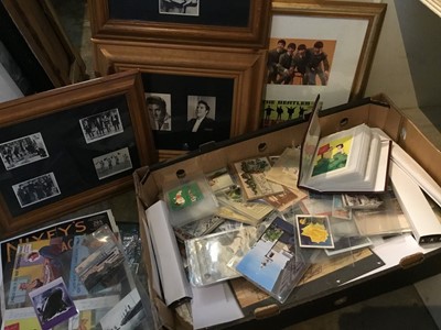 Lot 253 - Box of framed Beatles pictures, Elvis cards and other ephemera