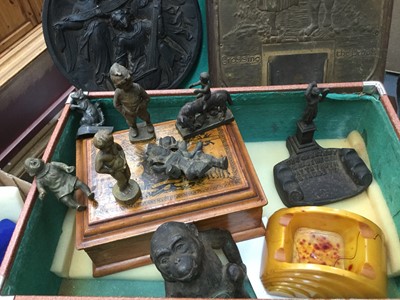 Lot 300 - Miscellaneous group of items to include Victorian cast plaque depicting angels, 19th century Grand Tour miniature bronze figure group of Romulus & Remus, Edwardian bronze crying baby, two pairs of...