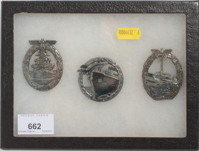 Lot 662 - Three Replica Second World War Nazi Naval badges, comprising High Seas Fleet War Badge, Blockade Runners Badge and E- Boat War badge, mounted in glazed box