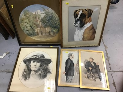 Lot 587 - Five pictures to include two Victorian Vanity Fair prints, Lawrence Leeks pastel portrait of a Boxer dog, Victorian watercolour and a Victorian pencil portrait by J C Wilson 1884