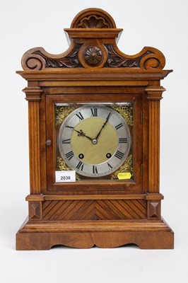 Lot 2038 - Edwardian walnut mantle clock with key and pendulum