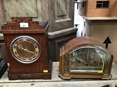 Lot 61 - 1930s walnut cased mantle clock, together with an oak cased mantle clock