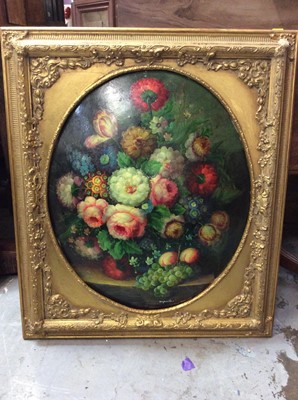 Lot 495 - Oval oil on domed wood- still life flowers, in ornate gilt frame, together with two other animal prints