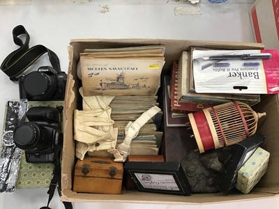 Lot 515 - Box of miscellaneous items to include 1930s albums of Players cigarette cards, cameras, and sundries