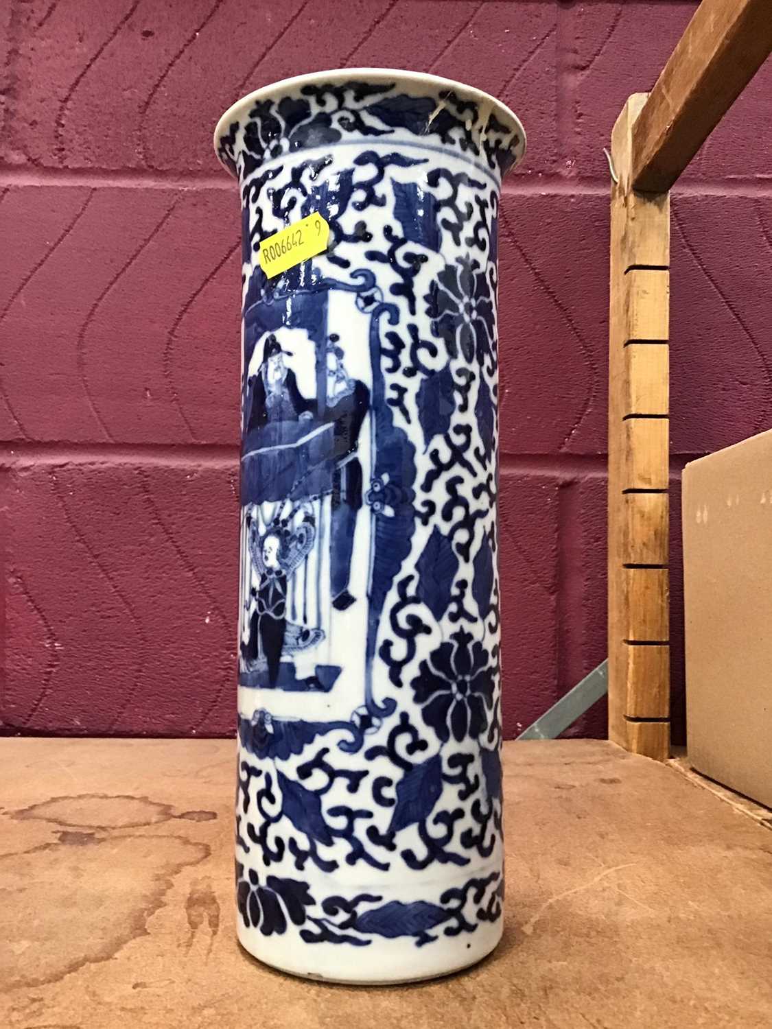 Lot 568 - 19th Century Chinese Blue and white cylindrical vase with character marks to base