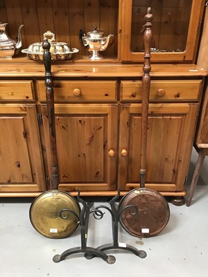 Lot 927 - Brass warming pan, copper warming pan and iron fire dogs