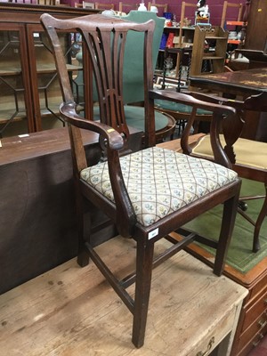 Lot 901 - Georgian elbow chair with pierced splat back, together with a modern white beside unit and a reproduction Georgian style two tier side table (3)