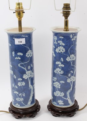 Lot 729 - Pair of 19th century Chinese blue and white sleeve vases converted to lamps