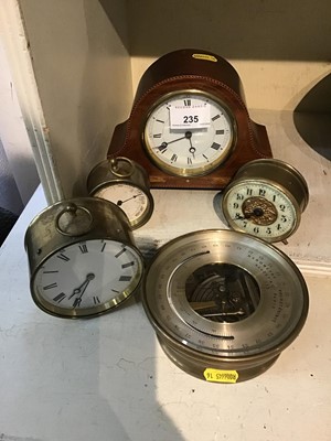 Lot 235 - Edwardian mantel timepiece in mahogany inlaid case, two Victorian desk timepieces and two Victorian barometers