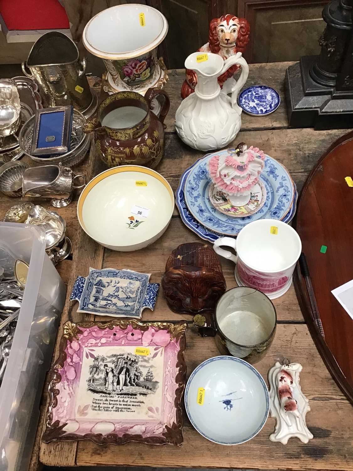 Lot 56 - Good collection of 18th and 19th century ceramics, including Worcester bowl, Crown Derby vase, pearlware bowl, Sunderland lustre plaque, English delftware plate, Staffordshire reclining dog, etc