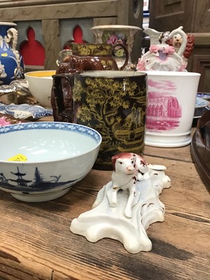 Lot 56 - Good collection of 18th and 19th century ceramics, including Worcester bowl, Crown Derby vase, pearlware bowl, Sunderland lustre plaque, English delftware plate, Staffordshire reclining dog, etc
