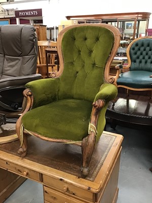 Lot 909 - Victorian open armchair with green velvet upholstery with turned scroll arms and legs