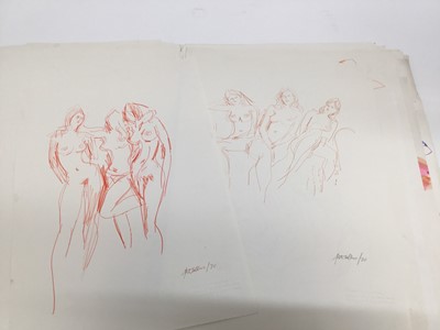 Lot 139 - Peter Collins (1923-2001) folio of unframed life studies including 'three girl' nudes from 1970, together with line and wash studies from 1972