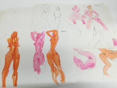 Lot 139 - Peter Collins (1923-2001) folio of unframed life studies including 'three girl' nudes from 1970, together with line and wash studies from 1972