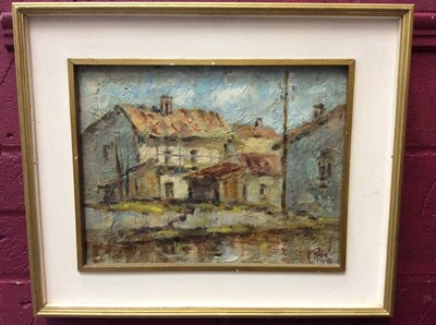 Lot 421 - Oil on board- houses by a river, sighed J. Rosa 66, framed