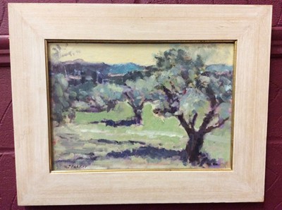 Lot 422 - Oil on board- orchard view, signed Stocker, framed