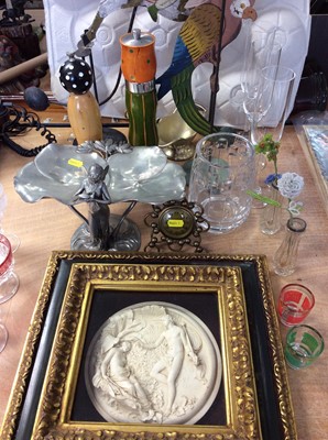 Lot 420 - Art Nouveau style reproduction pewter centre piece together with a Stuart crystal vase, brass clock and sundries