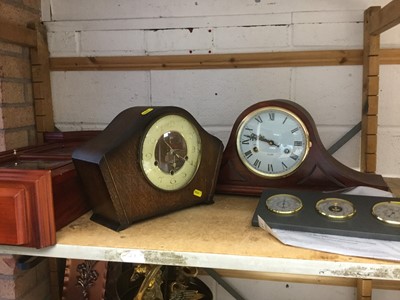 Lot 317 - Regulator style wall clock, together with two mantel clocks and a combination barometer thermometer (4)