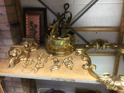 Lot 318 - Brass coal scuttle, gilt mirror, cherub wall brackets and sundries