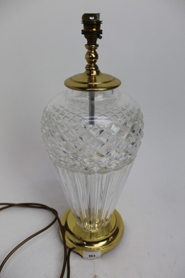 Lot 863 - Waterford cut glass lamp with brass fittings and shade, 48cm high excluding shade