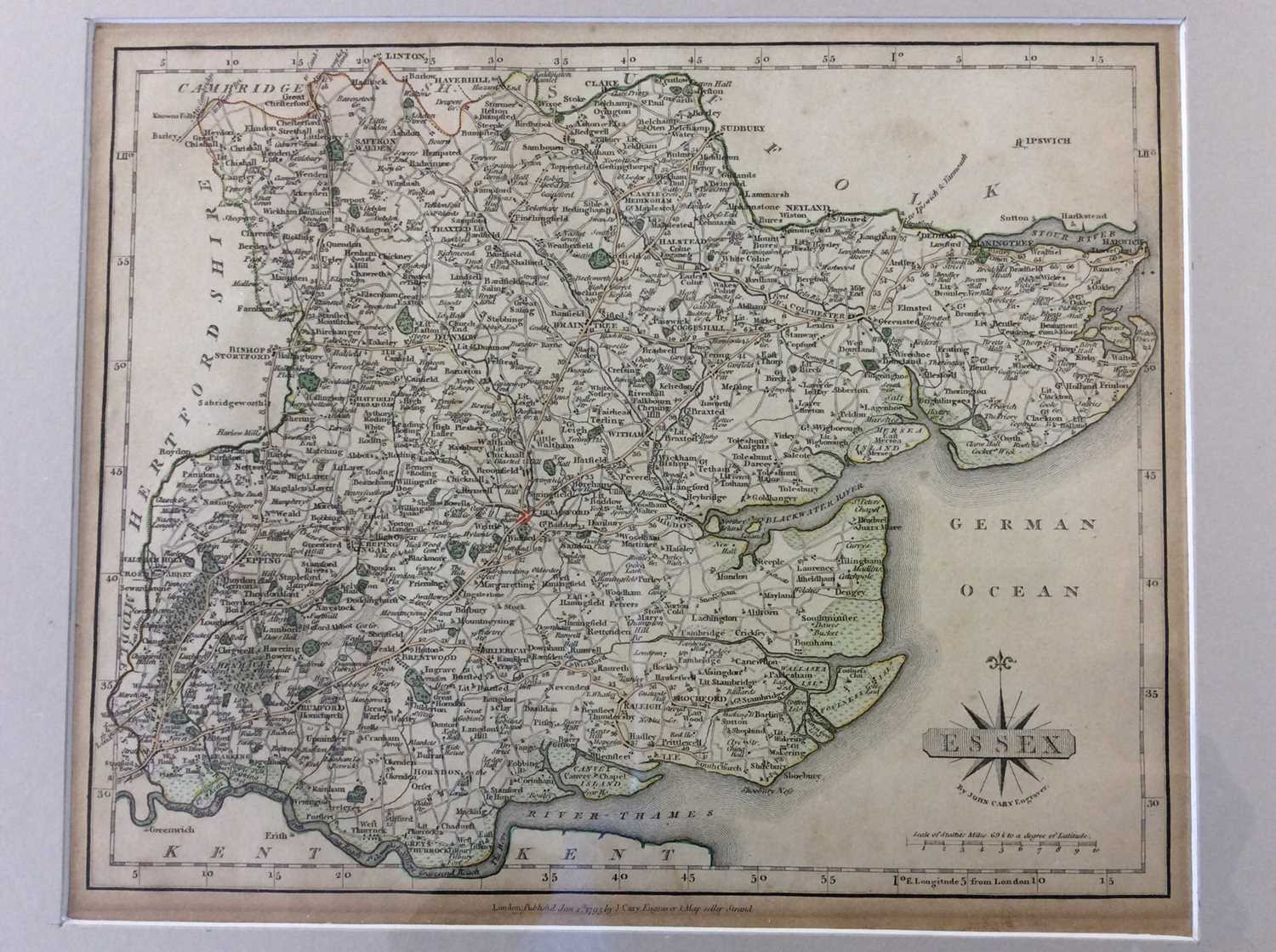 Lot 426 - 18th Century map of Essex by Carey in glazed frame