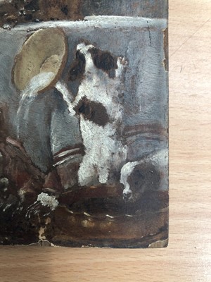 Lot 142 - Edwardian oil on paper over a printed base, laid on panel - dogs upsetting a bowl of milk from two cats, in decorative painted frame
