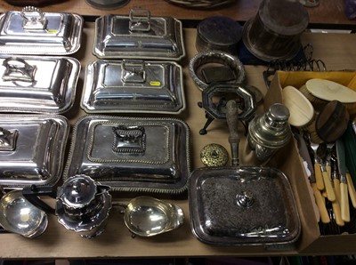 Lot 434 - Six Edwardian silver plated entree dishes, assorted silver plated cutlery, biscuit barrel and other plate