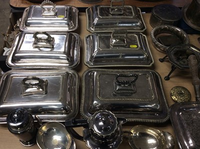 Lot 434 - Six Edwardian silver plated entree dishes, assorted silver plated cutlery, biscuit barrel and other plate