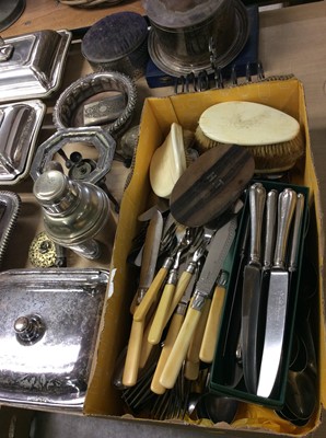 Lot 434 - Six Edwardian silver plated entree dishes, assorted silver plated cutlery, biscuit barrel and other plate