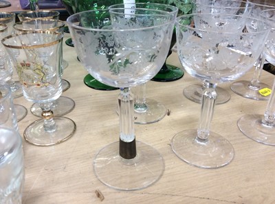 Lot 436 - Set of eight Royal Brierley green glasses and eleven Edwardian etched glass wines