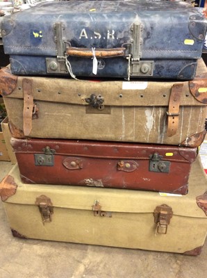 Lot 435 - Early 20th century canvas and leather trunk and three other vintage suitcases