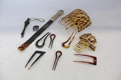 Lot 2141 - Silver and tortoiseshell page turner together combs, pair of lorgnettes, etc