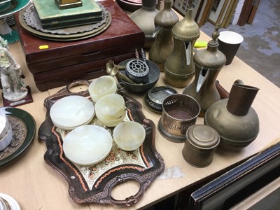 Lot 325 - Silver plated cutlery and flatware, various silver plated items, Eastern brass coffee pots and other metal wares